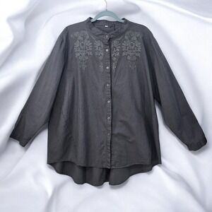 Embroidered Cotton Linen Blouse Button Down Long Sleeve Top Woman 2XL Lagen Look